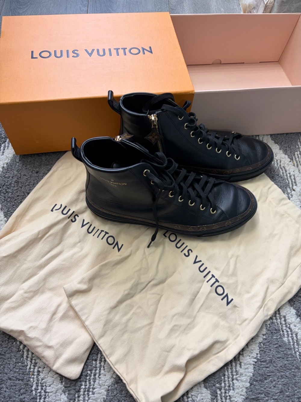 Authentic Louis Vuitton Black Leather High-Top Sneakers with Monogram Trim - Picture 8 of 14